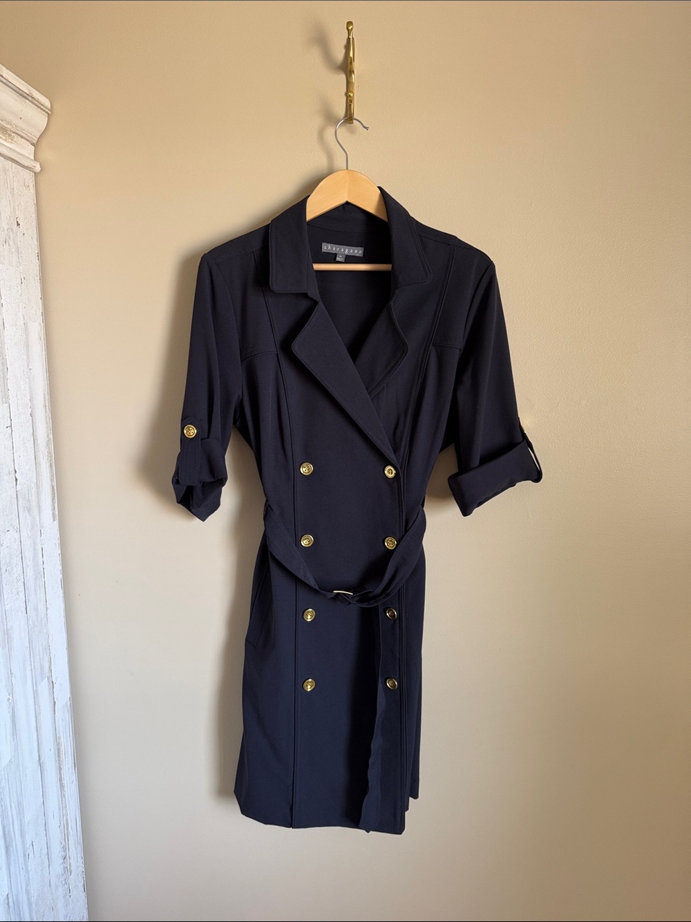 Sharagano Navy Double-Breasted Shirt Dress with Gold Buttons